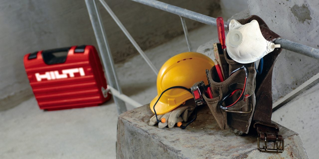 Toolbelt with safety equipment, Helmet, Glasses, Gloves, Earplugs, Dust Mask,